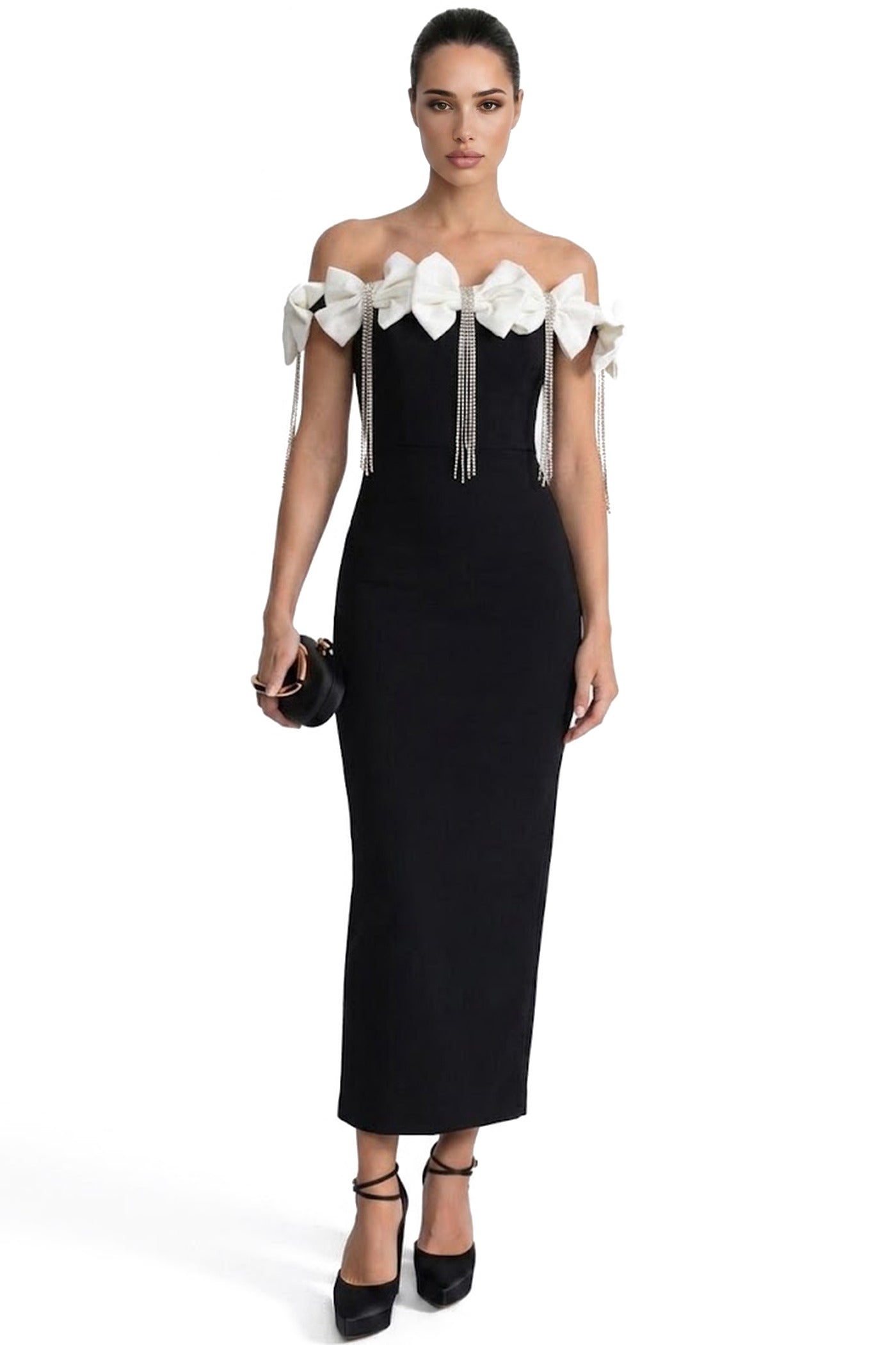 Célimène Off-Shoulder Dress With Bow Embellishments And Crystal Fringe - Black