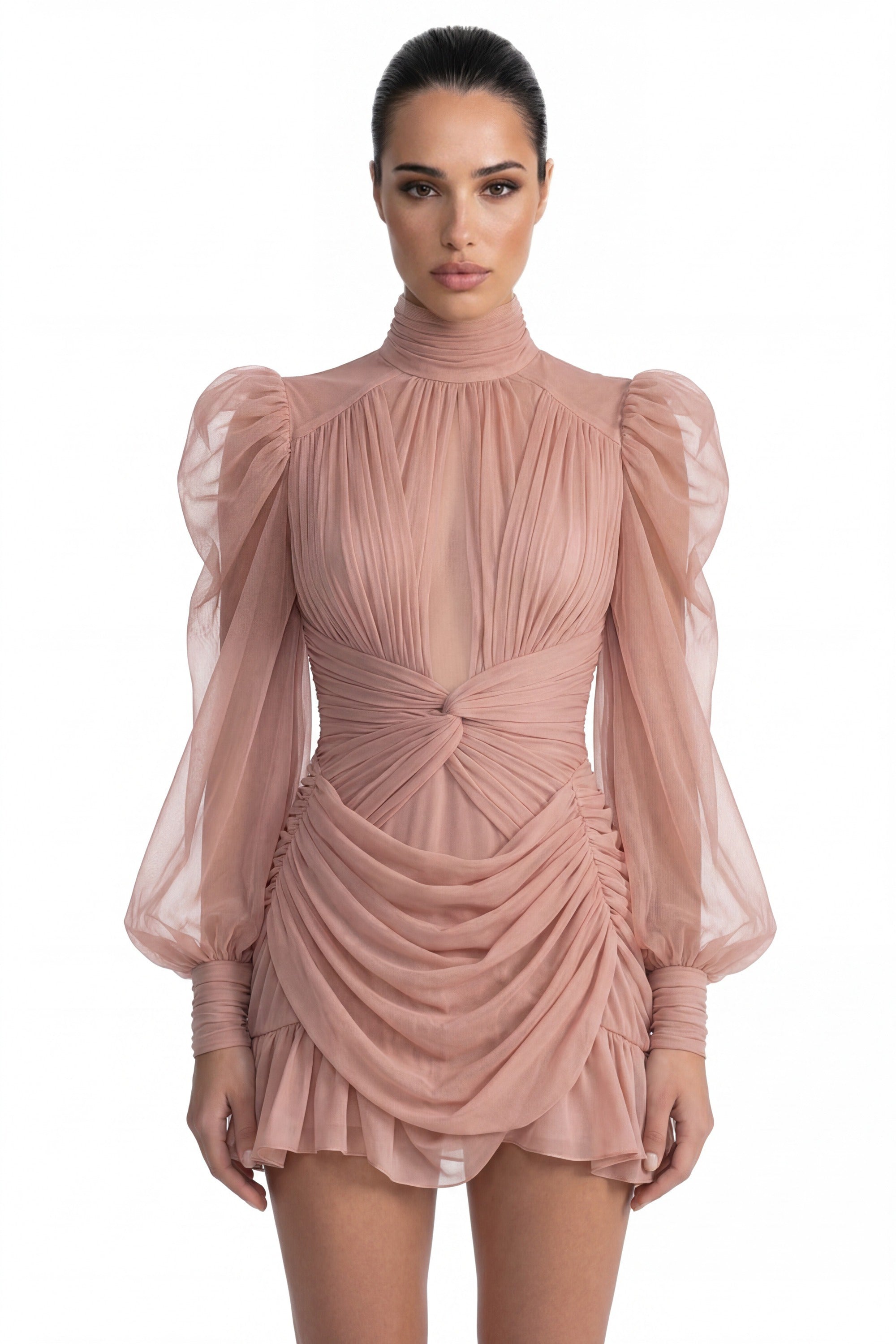 Théa High-Neck Ruched Mini Dress With Side Ruffle - Peach