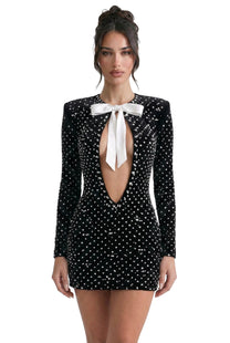 Rosaline Long-Sleeve Mini Dress With Pearl Embellishments And Bow Tie Cutout - Black