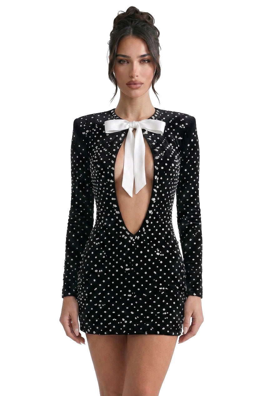 Rosaline Long-Sleeve Mini Dress With Pearl Embellishments And Bow Tie Cutout - Black