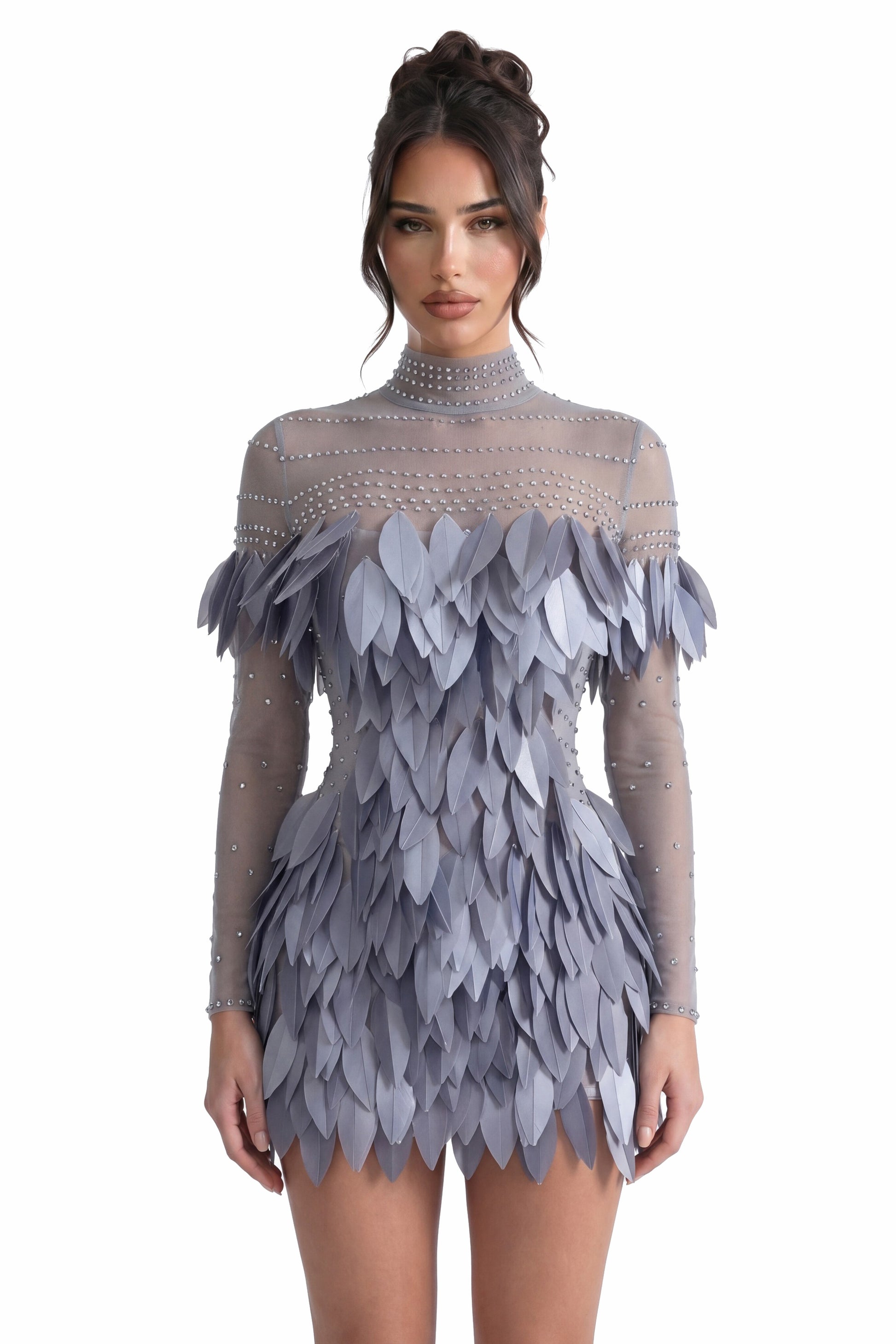 Ondine 3D Feather Mini Dress With Crystal Straps - Silver