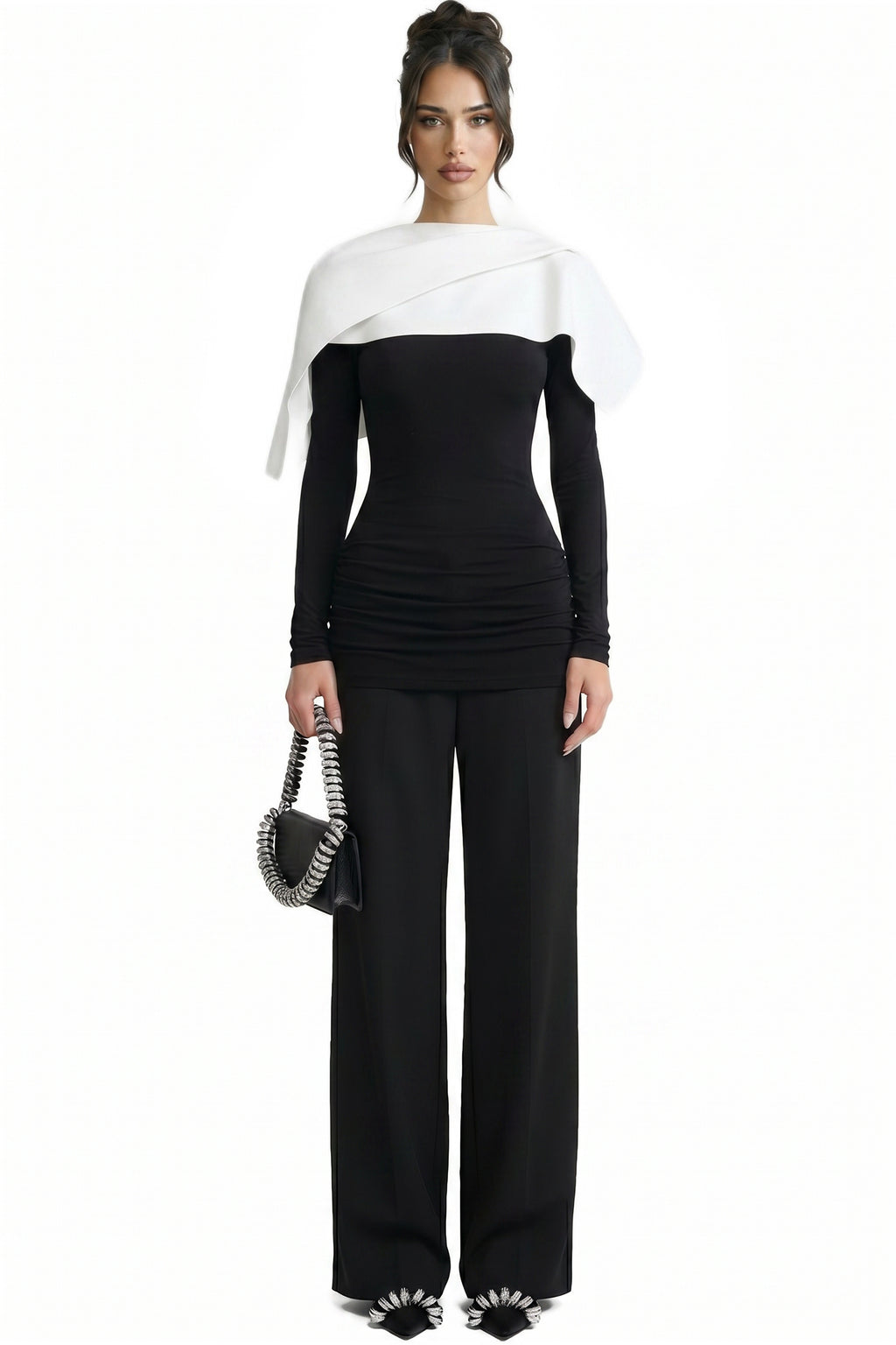 Avelyne Contrast Cape Top With Ruched Waist Detailing - Black/White