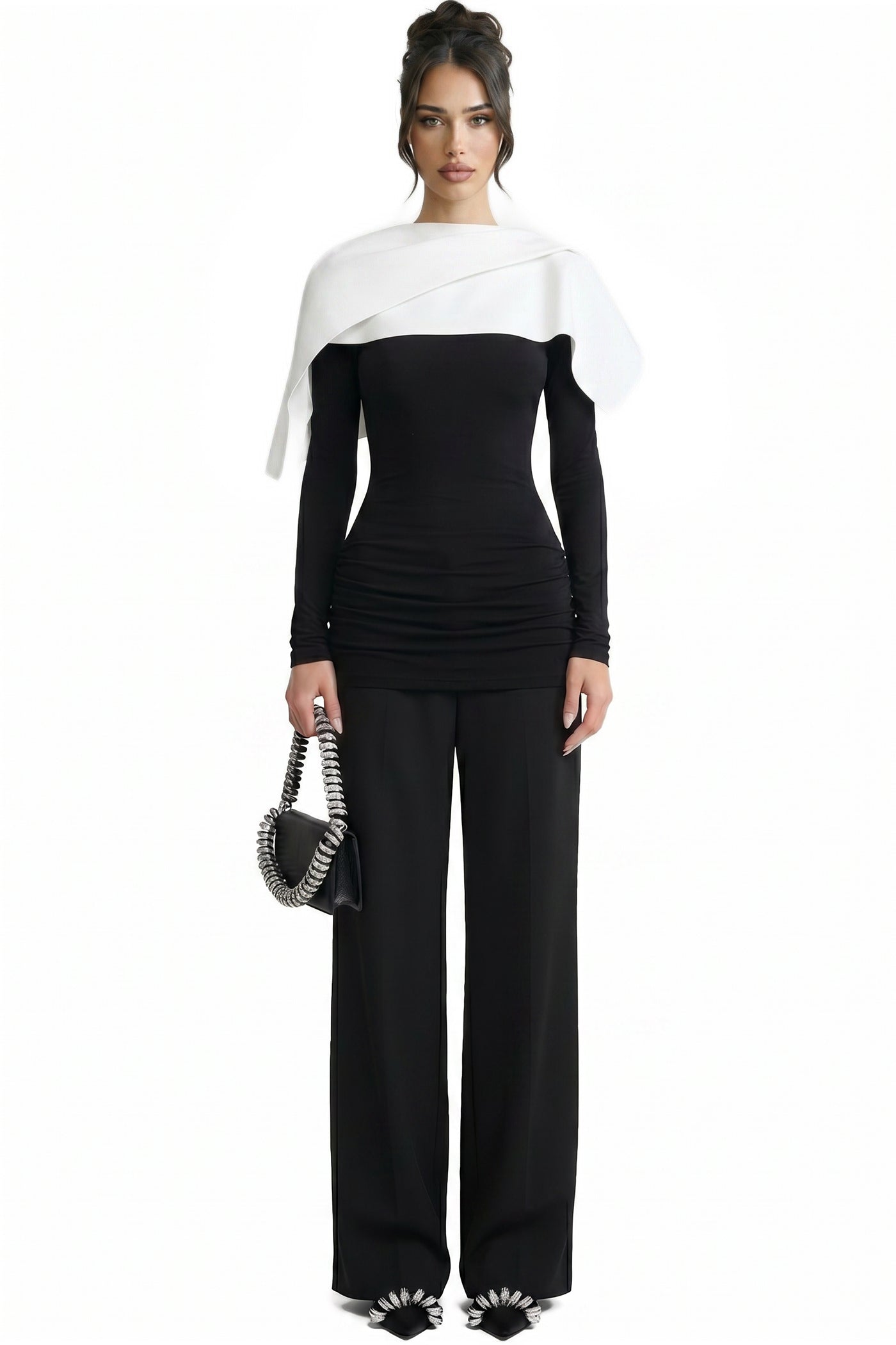 Avelyne Contrast Cape Top With Ruched Waist Detailing - Black/White