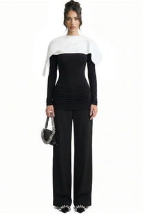 Avelyne Contrast Cape Top With Ruched Waist Detailing - Black/White