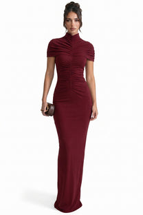Arnaude High-Neck Ruched Maxi Dress With Cap Sleeves And Fitted Skirt - Red