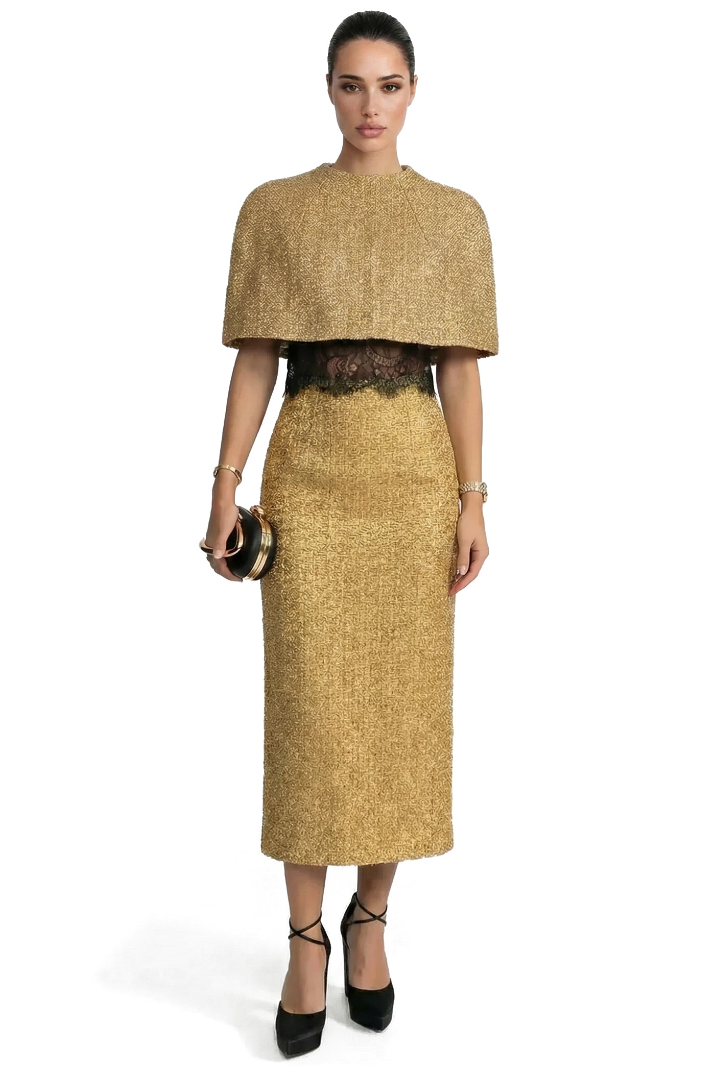 Capucine Tweed Capelet With Rounded Hem - Gold