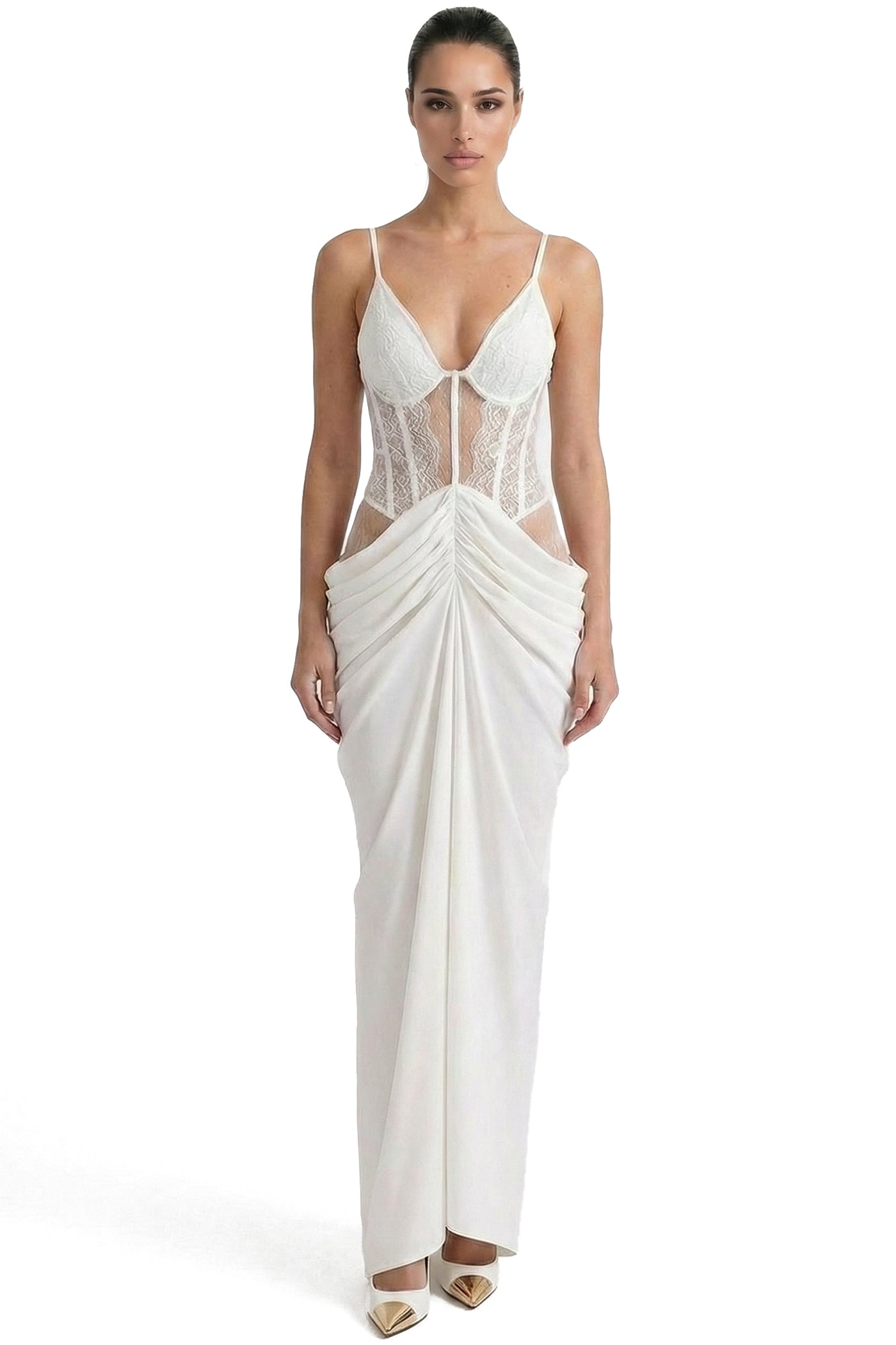 Amouré Lace Corset Maxi Dress With Draped Skirt – White