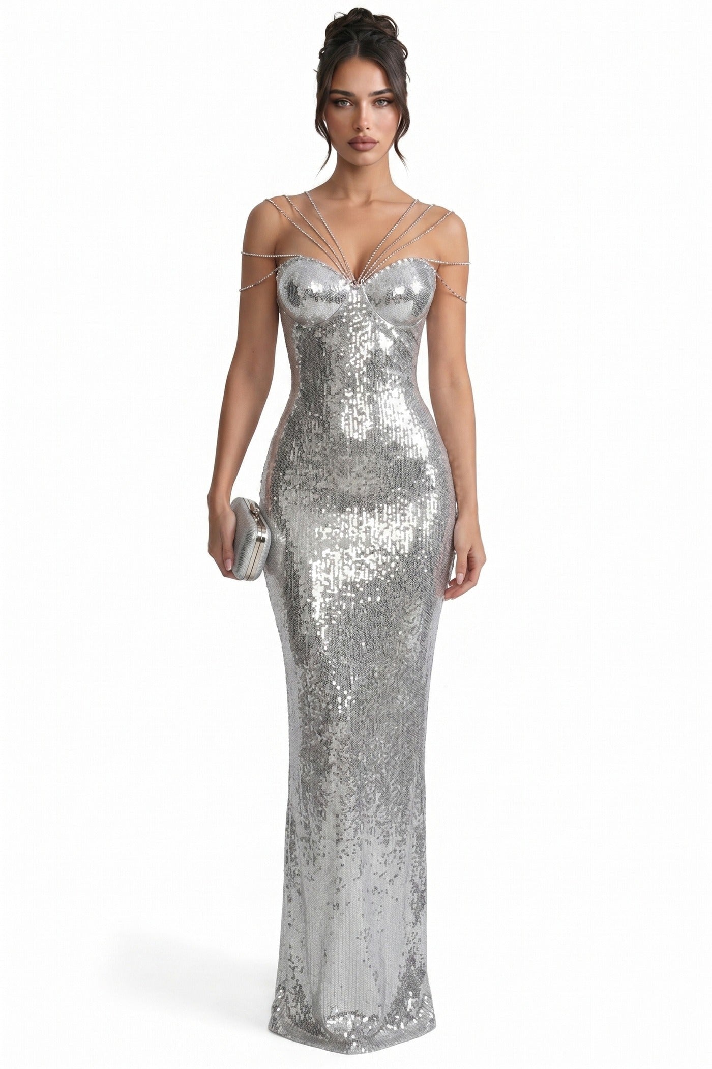 Mélisande Sequin Maxi Dress With Multi-Strap Neckline - Silver