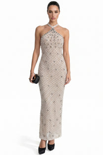 Violaine Halter Neck Crystal-Embellished Mermaid Gown With Back Slit - Beige