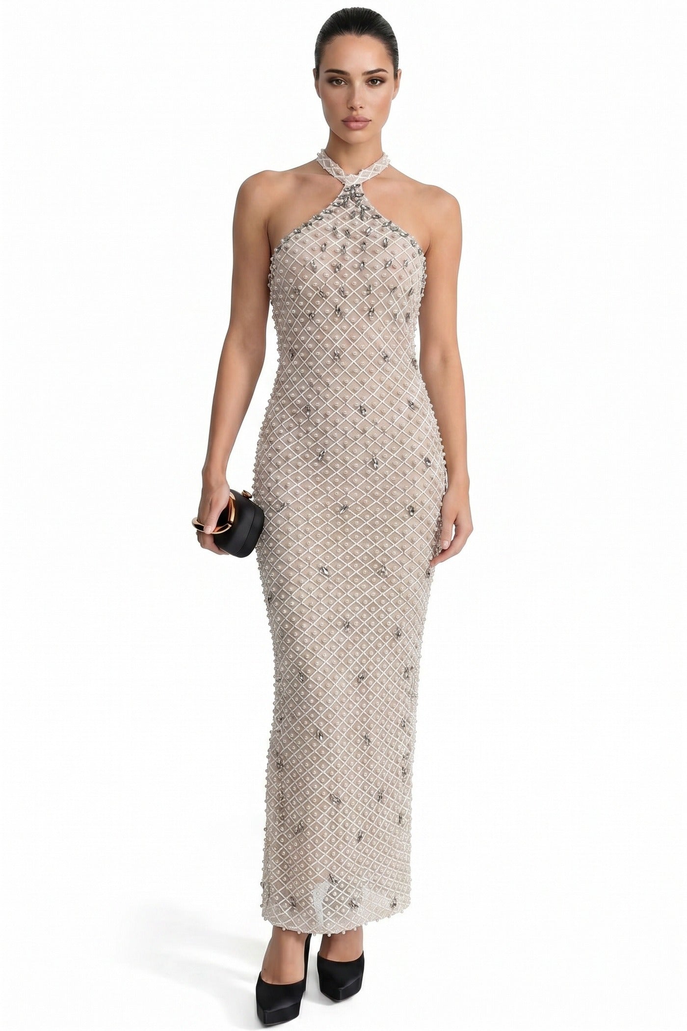 Violaine Halter Neck Crystal-Embellished Mermaid Gown With Back Slit - Beige