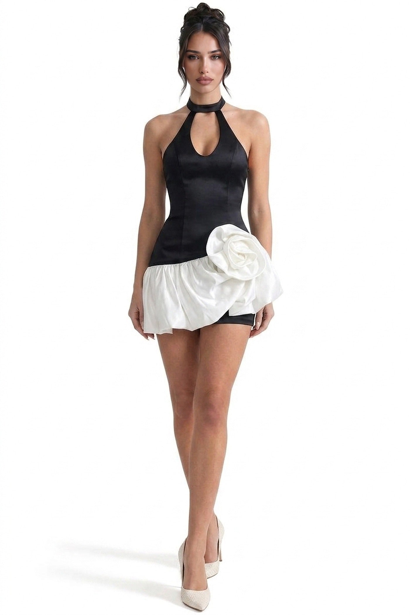 Zélie Halter Neck Mini Dress With Keyhole Cutout And 3D Rose Skirt - Black