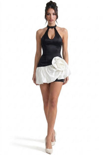 Zélie Halter Neck Mini Dress With Keyhole Cutout And 3D Rose Skirt - Black