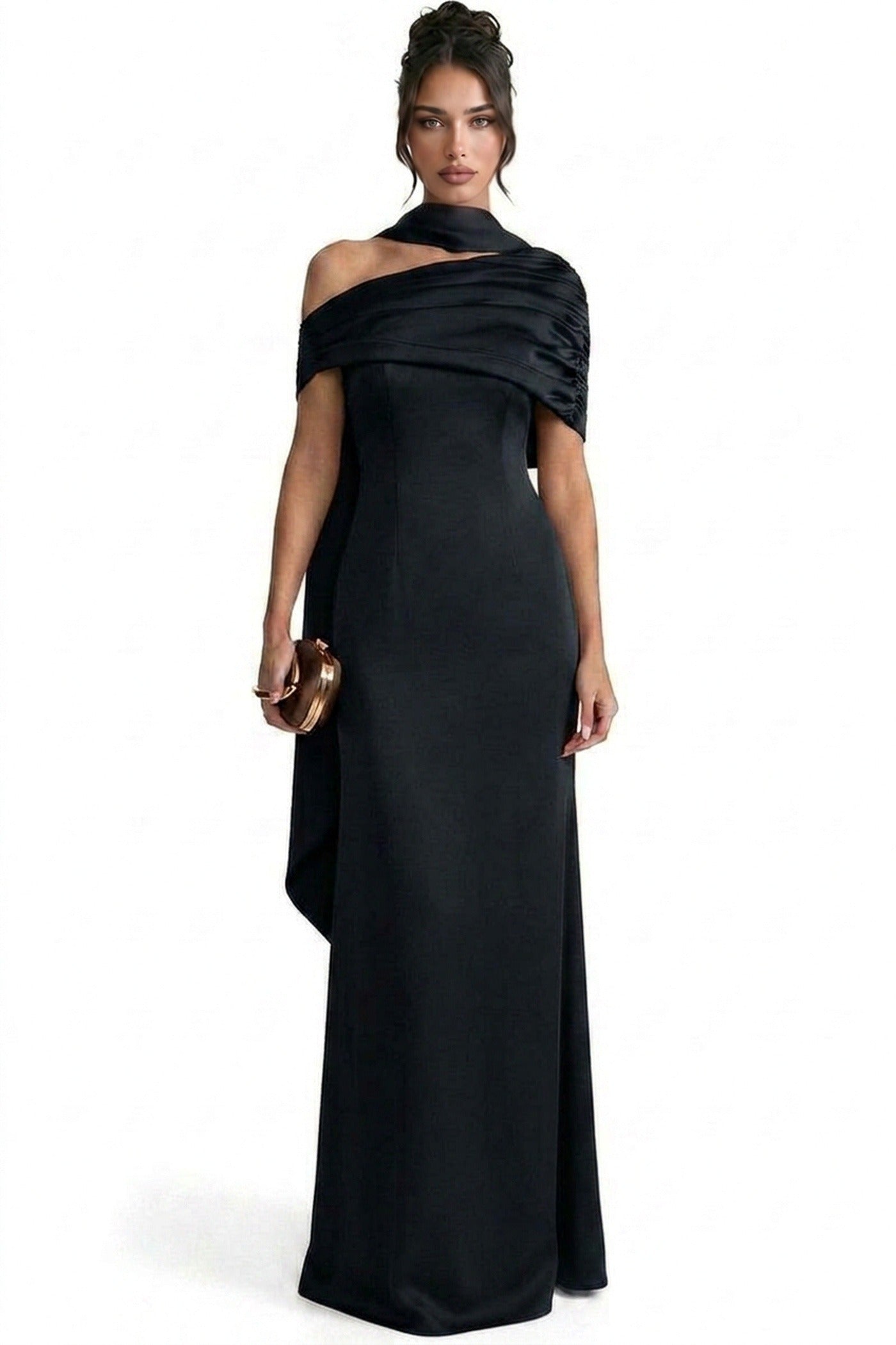 Ambrine Satin Column Gown With Draped Shoulder Wrap And High Neck - Black