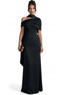 Ambrine Satin Column Gown With Draped Shoulder Wrap And High Neck - Black
