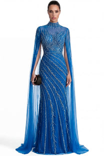 Lumière Embellished Long Sleeve Maxi Dress With Sheer Veil Sleeves - Blue