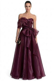 Hyacinthe Strapless Organza Ballgown With Oversized Side Bow - Wine