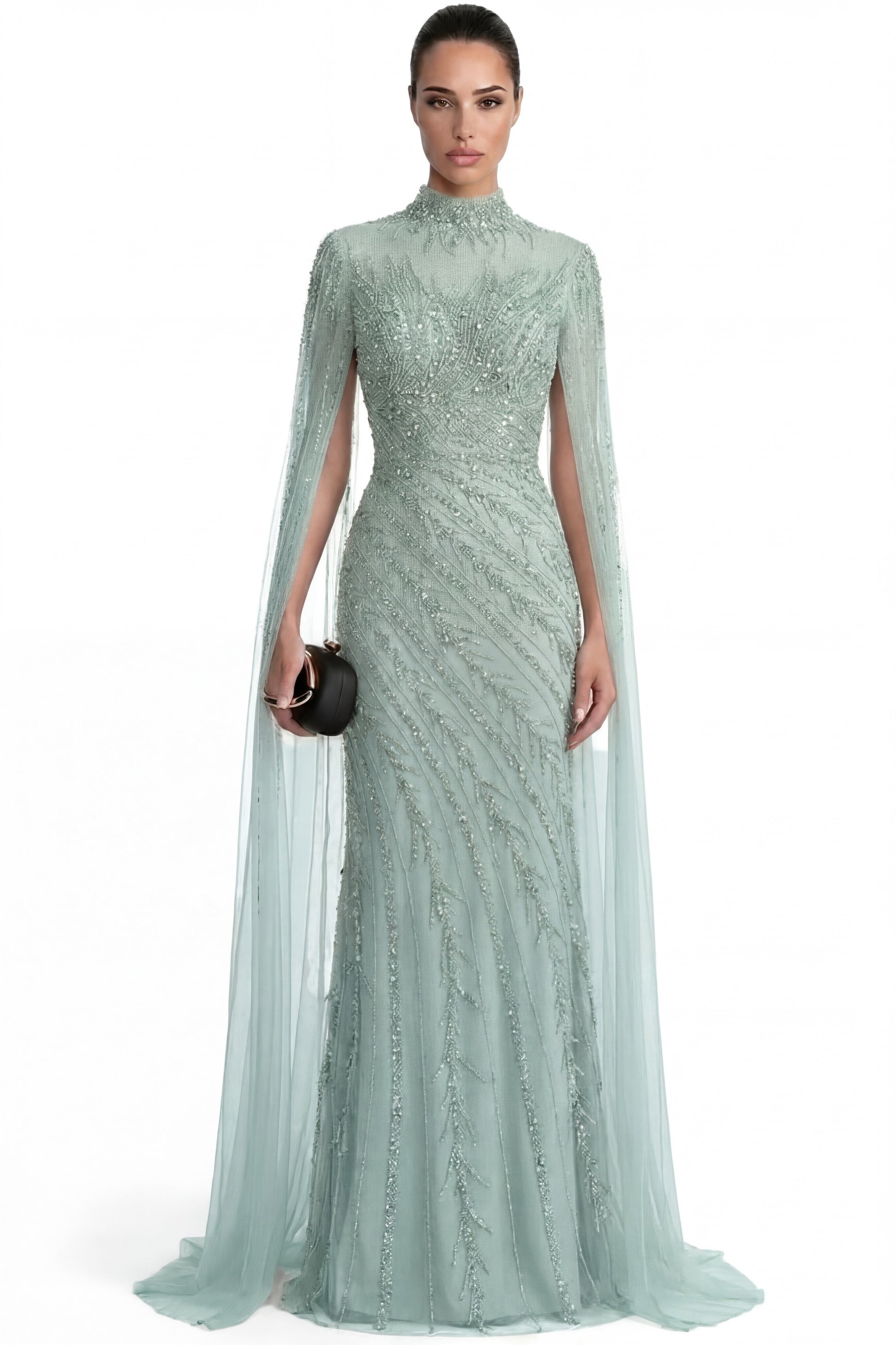 Lumière Embellished Long Sleeve Maxi Dress With Sheer Veil Sleeves - Teal