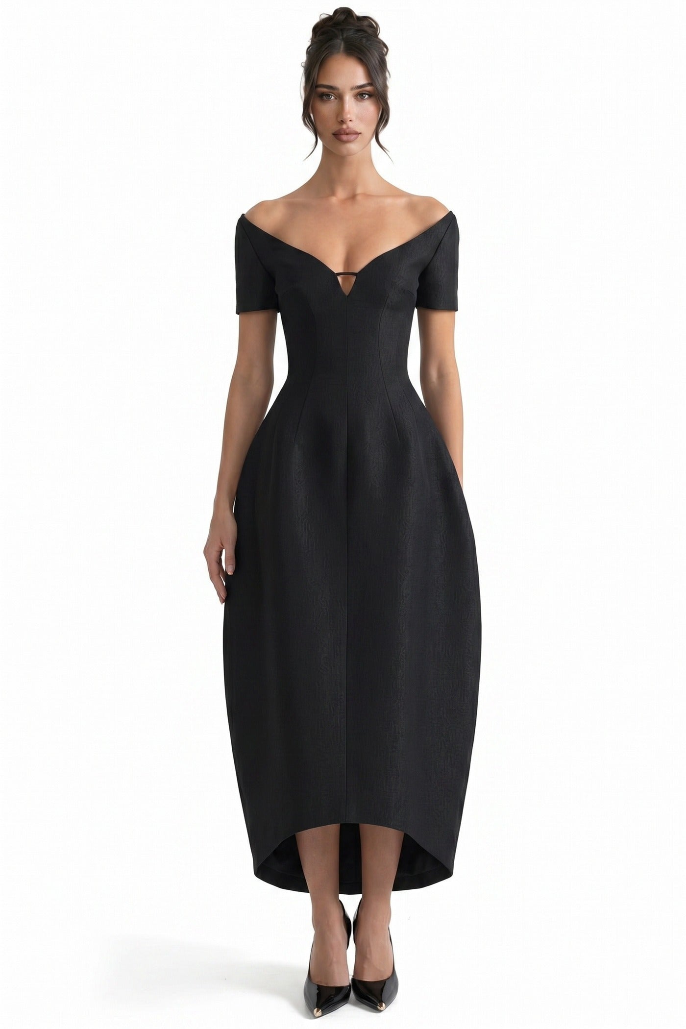 Angélique Off-Shoulder Midi Dress With V-Neck And Asymmetric Hem - Black