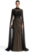Lumière Embellished Long Sleeve Maxi Dress With Sheer Veil Sleeves - Black