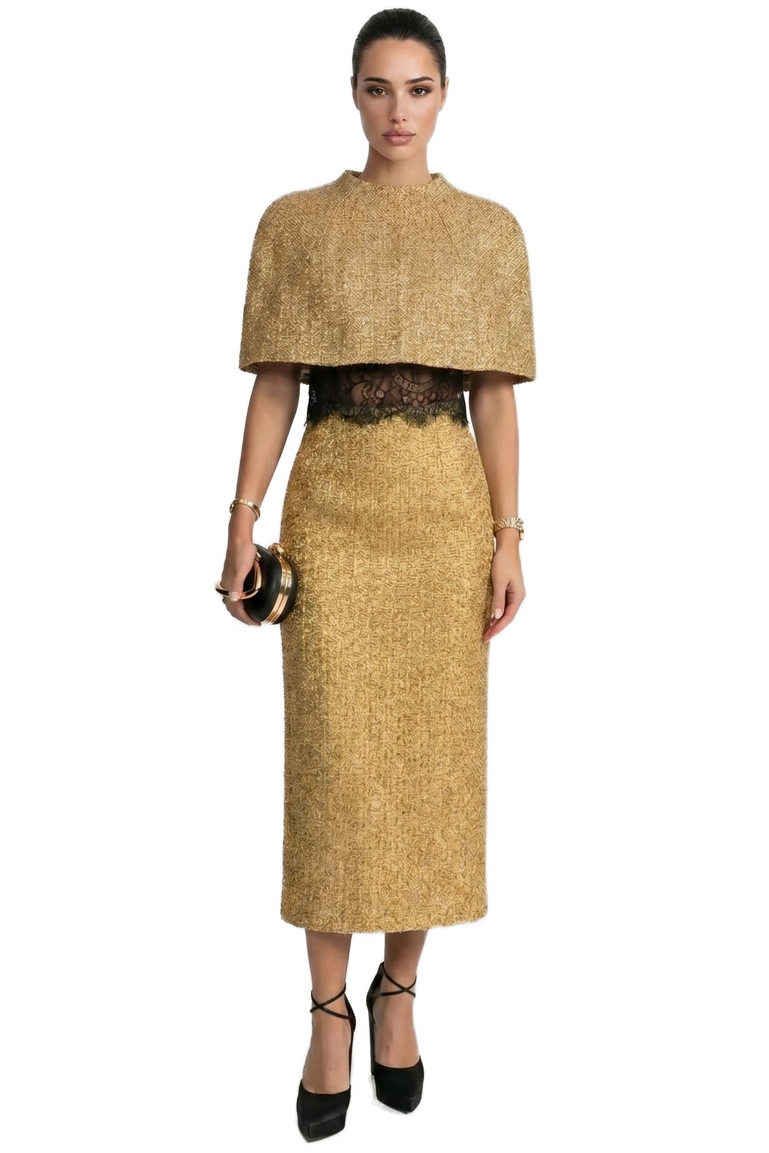 Capucine Tweed Capelet With Rounded Hem - Gold