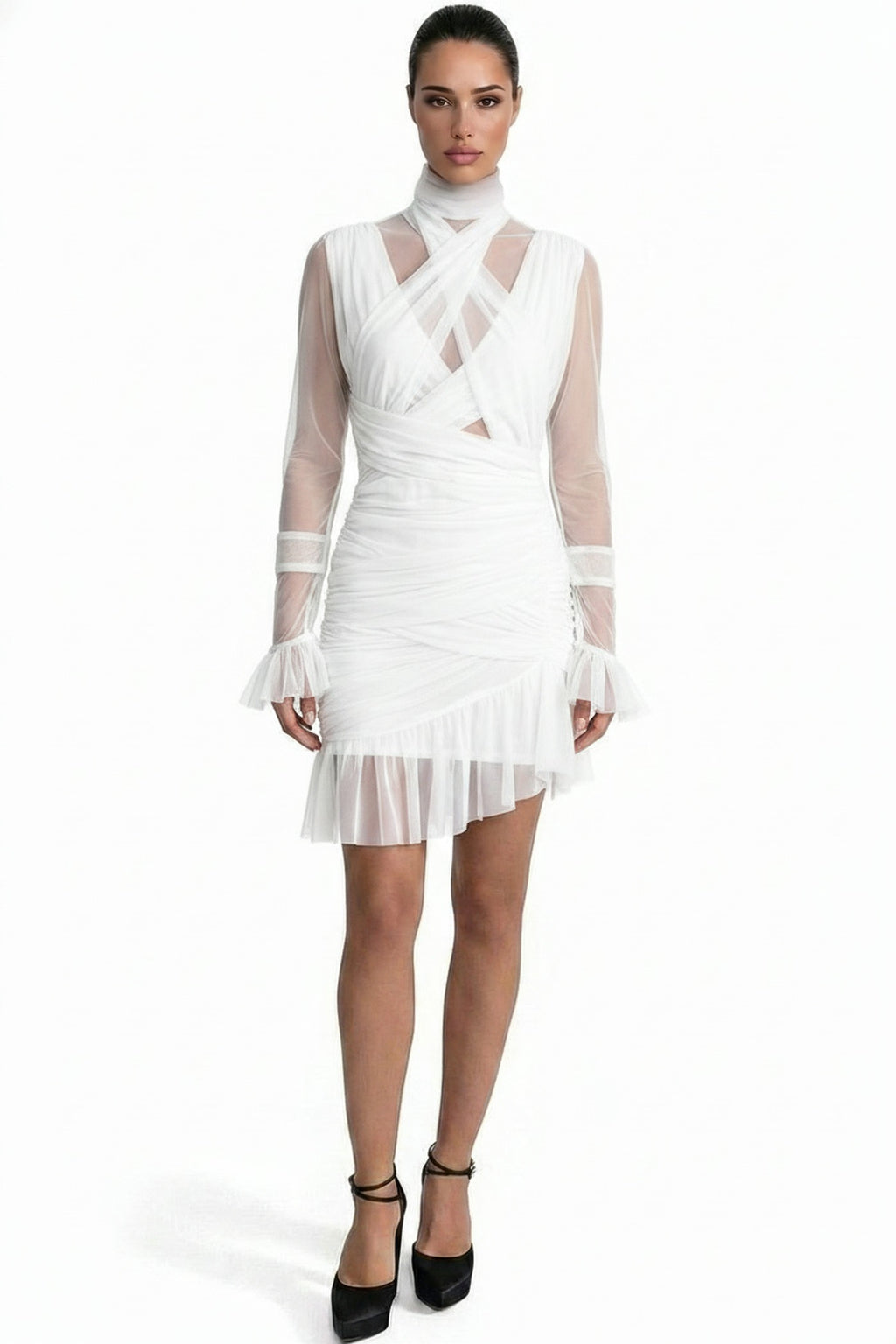 Théa High-Neck Ruched Mini Dress With Side Ruffle - White