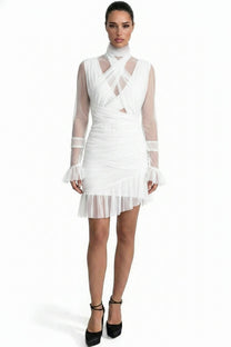 Théa High-Neck Ruched Mini Dress With Side Ruffle - White