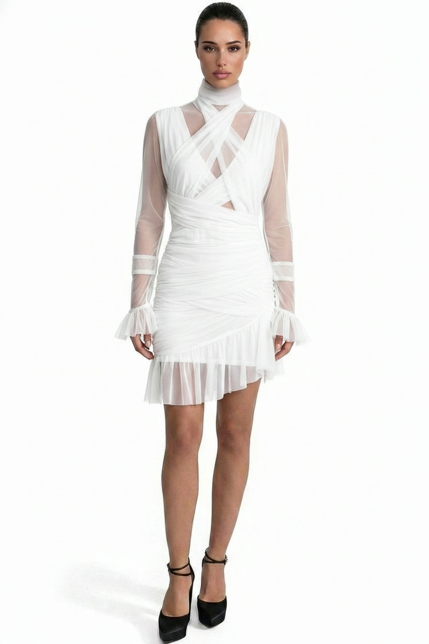 Théa High-Neck Ruched Mini Dress With Side Ruffle - White