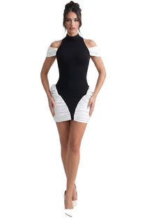 Blanche Contrast Mini Dress With High Neck And Ruched White Side Panels - Black