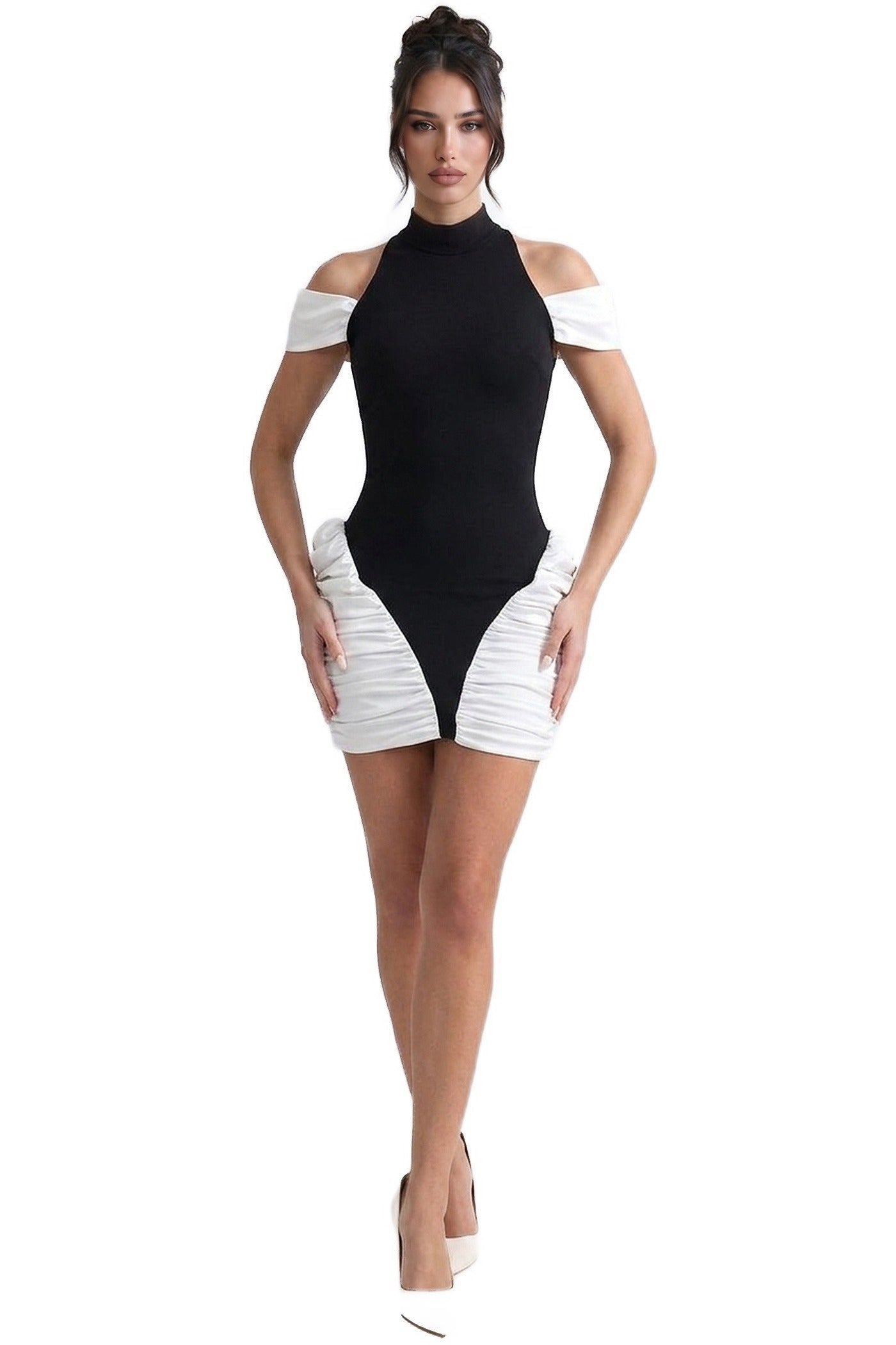 Blanche Contrast Mini Dress With High Neck And Ruched White Side Panels - Black