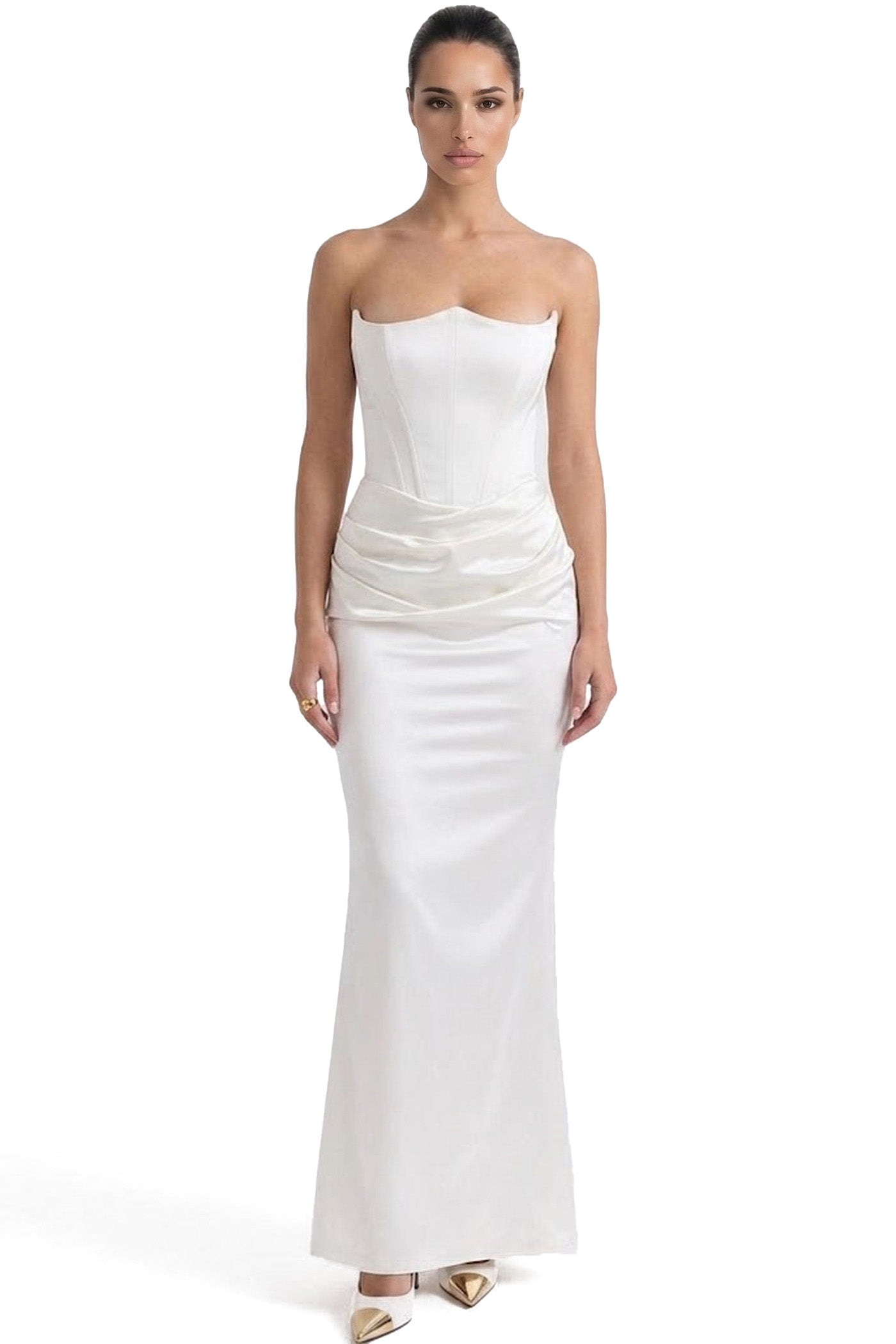 Isadora Strapless Corset Maxi Dress With Ruched Waist - White