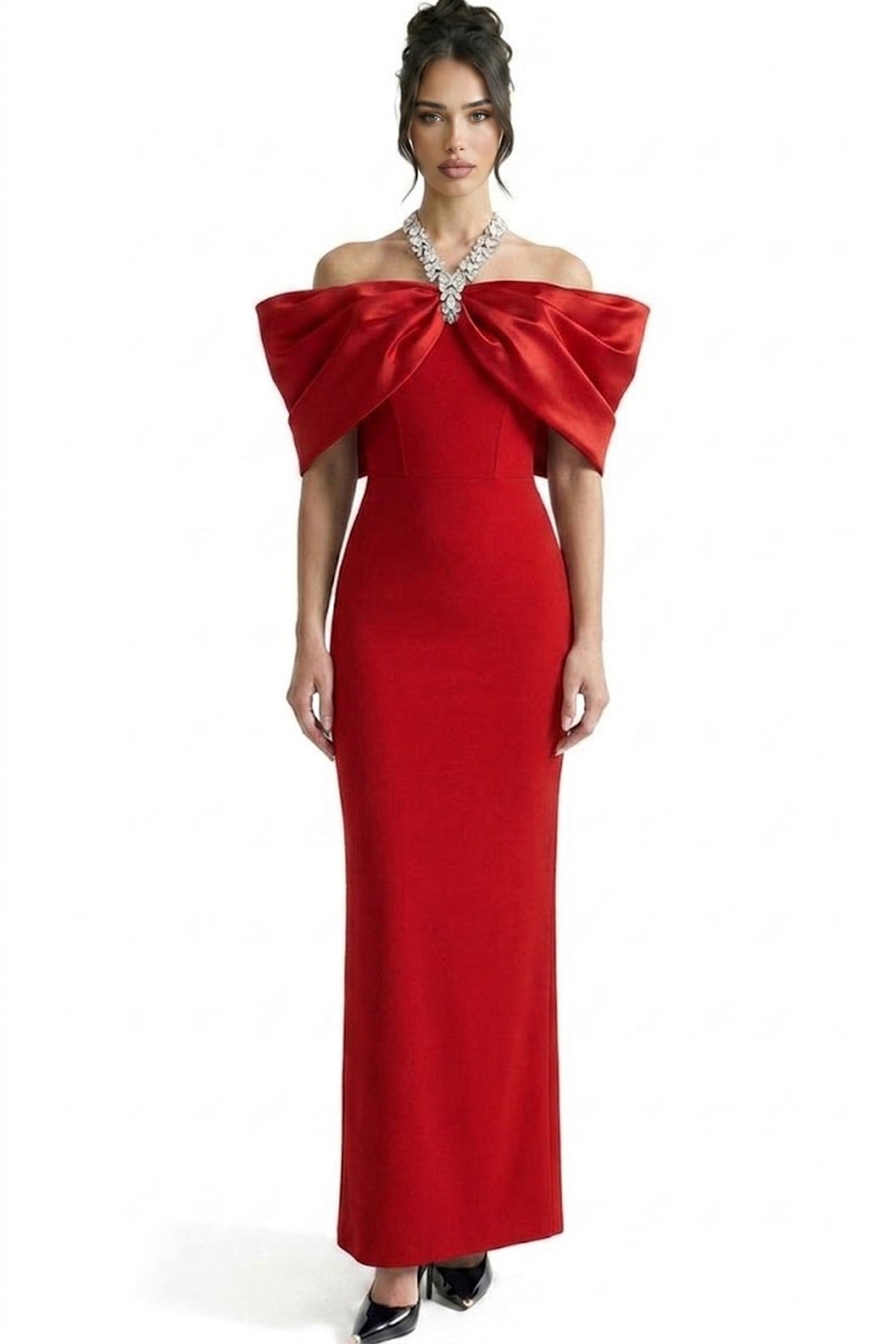 Viviane Off-Shoulder Draped Maxi Dress With Crystal Straps - Red