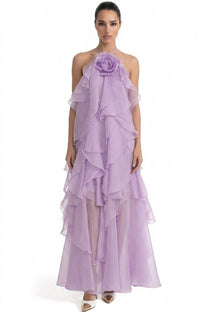 Nicolette Halter Neck Ruffled Organza Gown With 3D Rose Accent - Purple