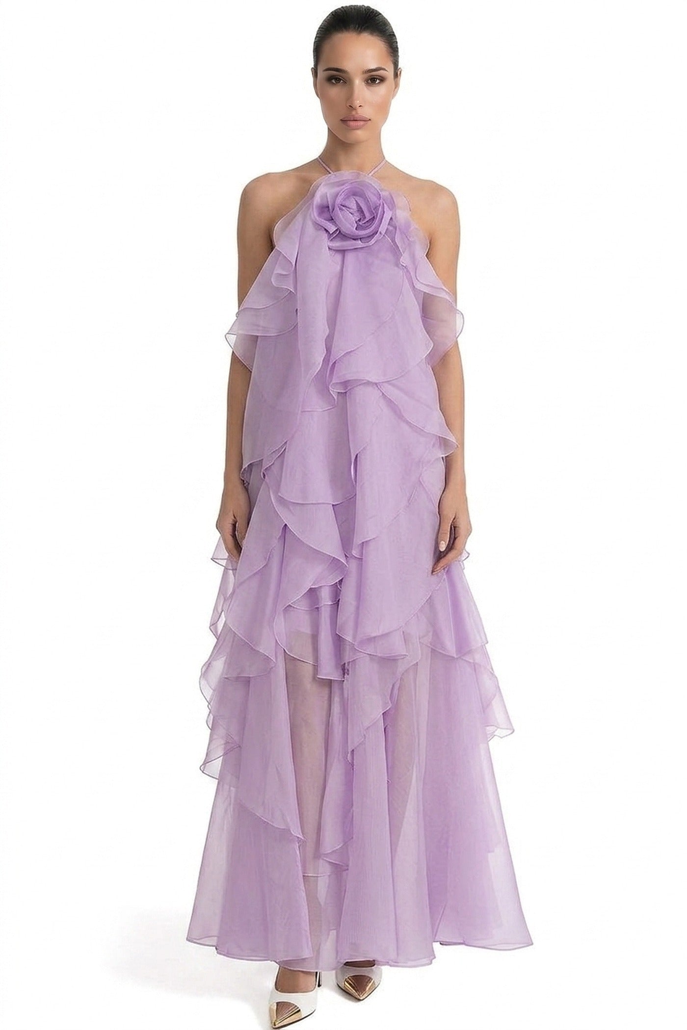 Nicolette Halter Neck Ruffled Organza Gown With 3D Rose Accent - Purple