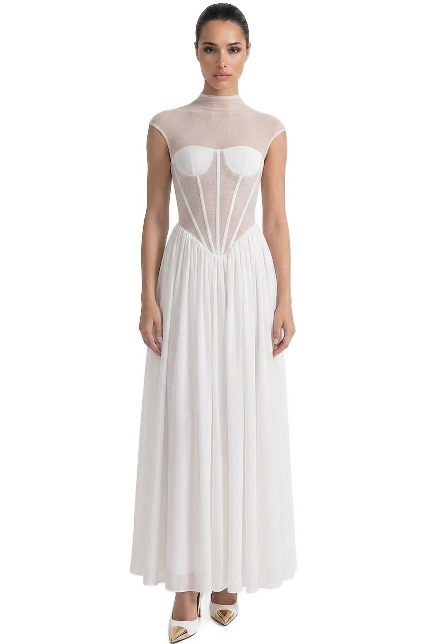 Joséphine Cap-Sleeve Gown With Sheer Corset Bodice And Gathered Maxi Skirt - White