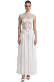 Joséphine Cap-Sleeve Gown With Sheer Corset Bodice And Gathered Maxi Skirt - White