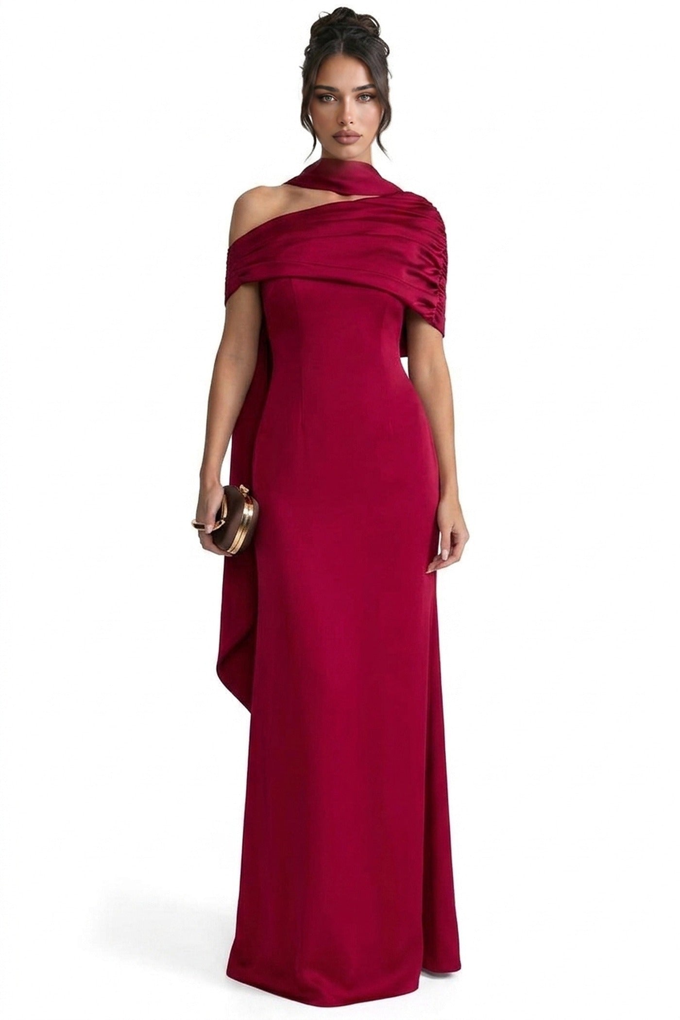 Ambrine Satin Column Gown With Draped Shoulder Wrap And High Neck - Red