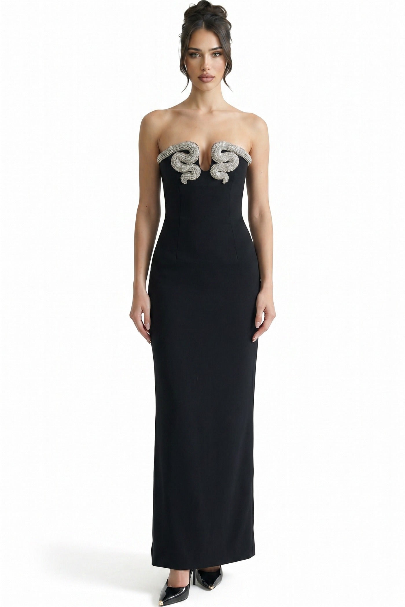 Lysiane Strapless Column Gown With 3D Snake Bust Detail - Black