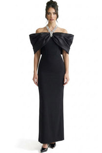 Viviane Off-Shoulder Draped Maxi Dress With Crystal Straps - Black