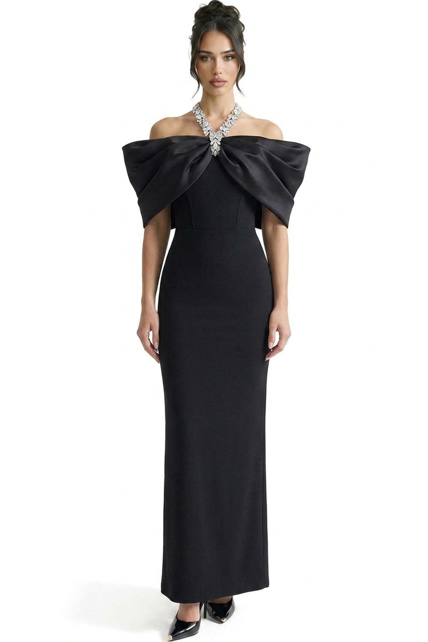 Viviane Off-Shoulder Draped Maxi Dress With Crystal Straps - Black