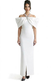 Viviane Off-Shoulder Draped Maxi Dress With Crystal Straps - White