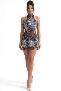 Narcisse Sheer Mini Dress With Pearl And Sequin Flower Embellishments - Black/White