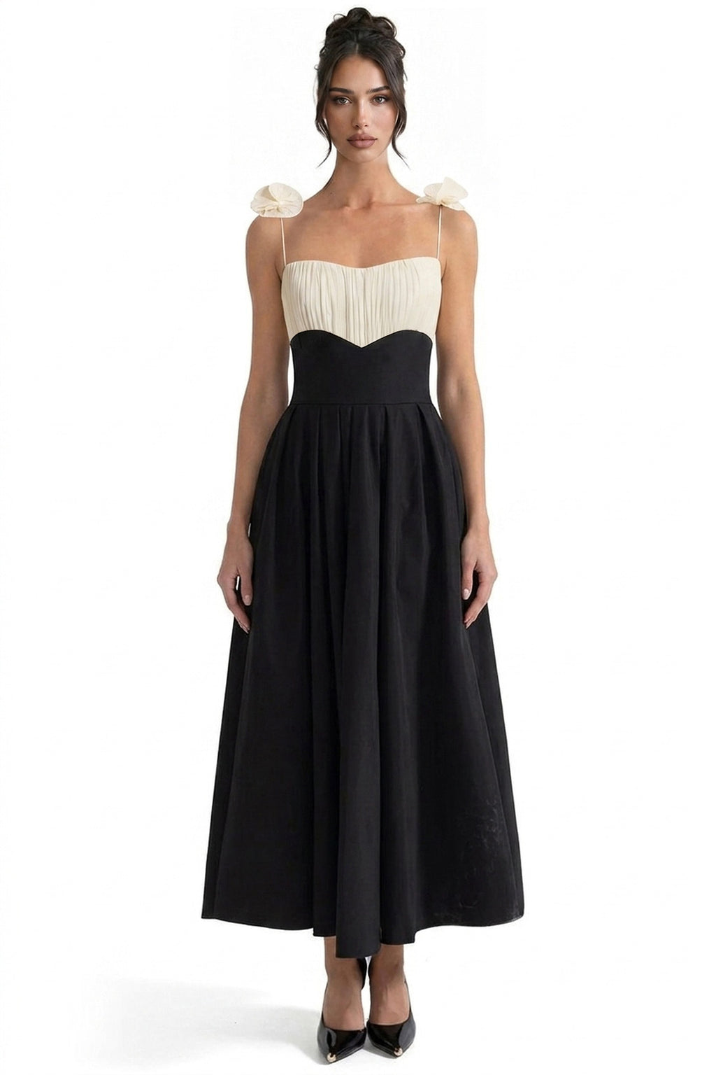 Isabeau Contrast Corset Midi Dress With Ruched Bodice And Floral Strap Detail - Black