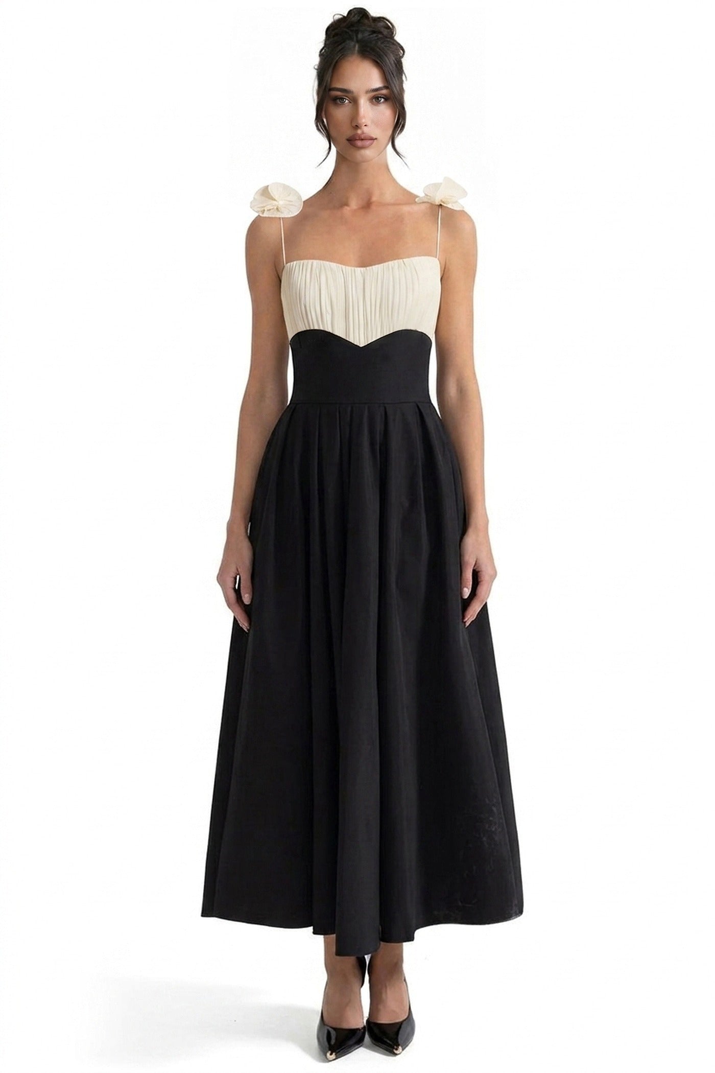 Isabeau Contrast Corset Midi Dress With Ruched Bodice And Floral Strap Detail - Black