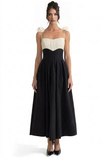 Isabeau Contrast Corset Midi Dress With Ruched Bodice And Floral Strap Detail - Black