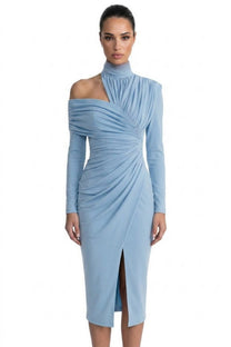 Charline Draped Cold-Shoulder Midi Dress With Front Slit - Light Blue