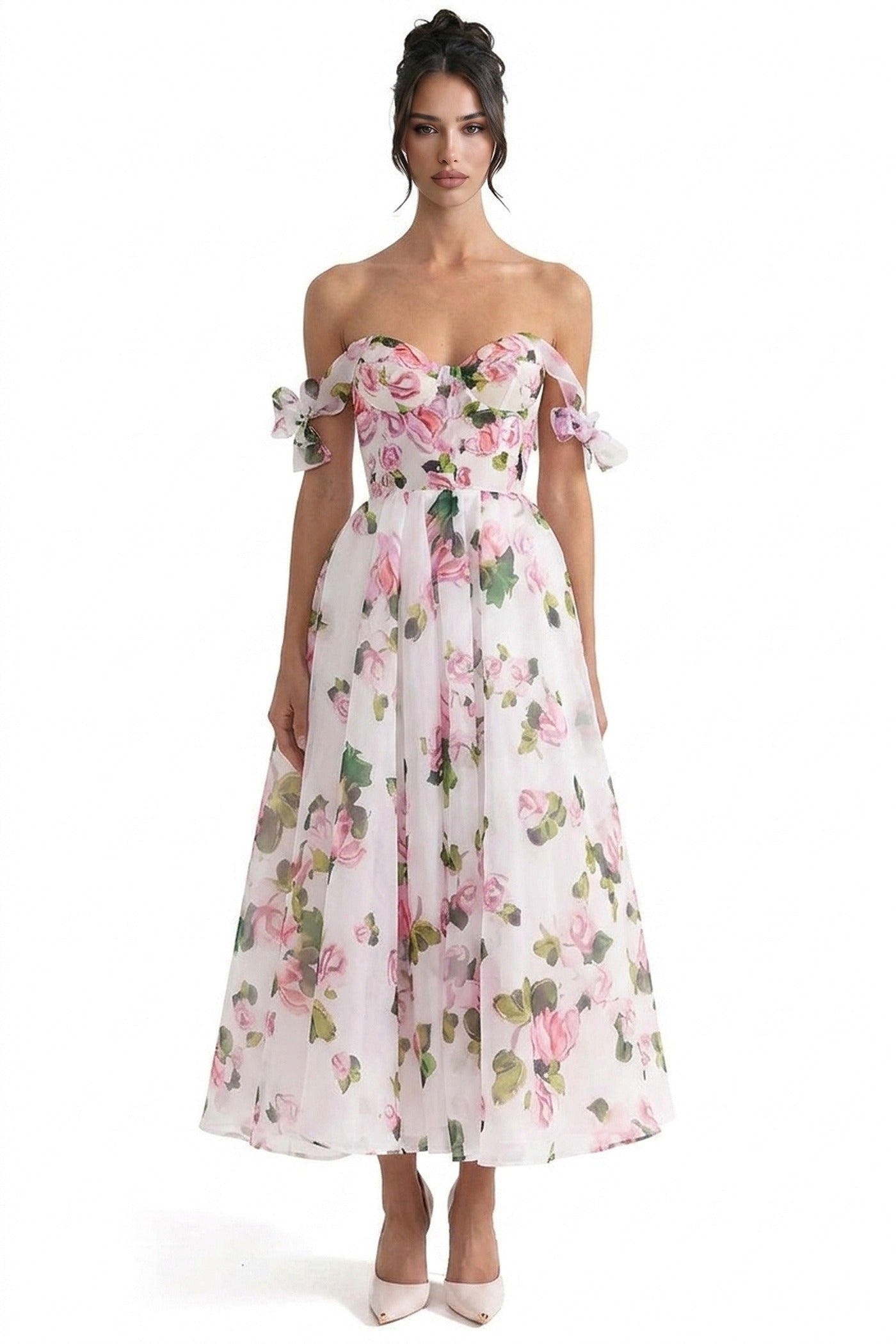 Florentine Off-Shoulder Floral Organza Dress With Corset Bodice And Bow Straps - Floral