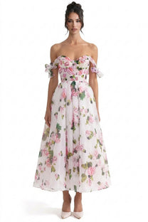 Florentine Off-Shoulder Floral Organza Dress With Corset Bodice And Bow Straps - Floral