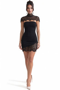 Elowen Elegant Mini Dress With High Neckline And Detachable Lace Cape - Black