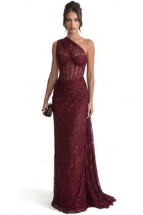 Séraphine One-Shoulder Lace Gown With Sheer Corset Bodice - Burgundy