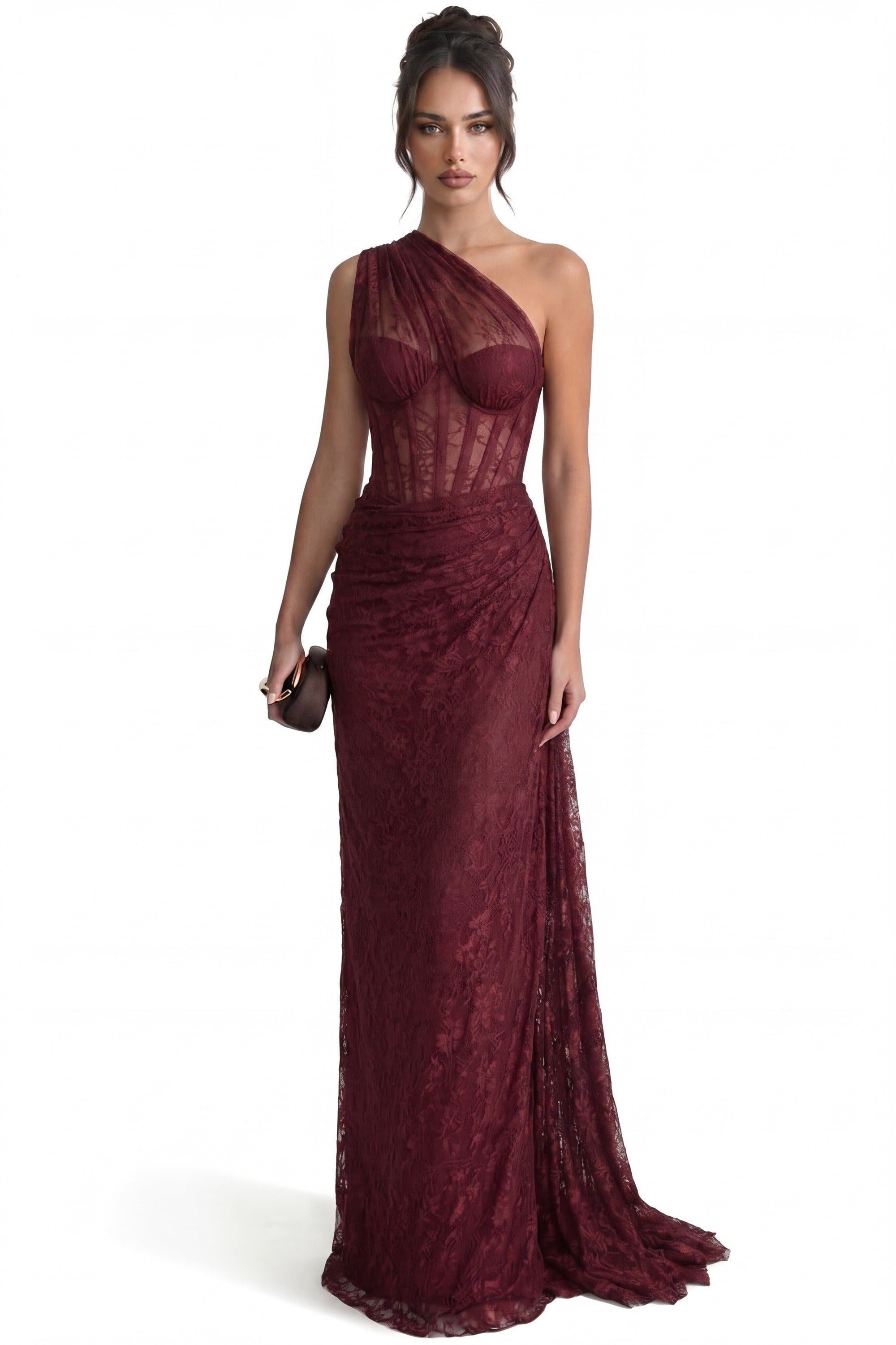 Séraphine One-Shoulder Lace Gown With Sheer Corset Bodice - Burgundy